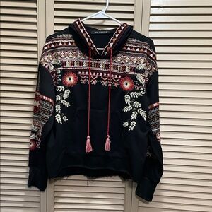 Embroidered Black Hoodie with Red Accents